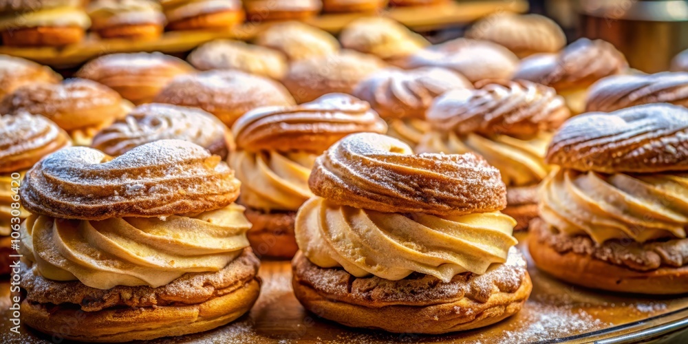 Freshly Baked Stuffed Paris-Brest Pastries on Display in a Charming Traditional French Bakery in Provence - Close-Up Long Exposure Photography Freshly Baked Stuffed Paris-Brest Pastries on Display in a Charming Traditional French Bakery in Provence - Close-Up Long Exposure Photography