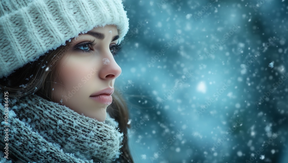 Portrait of a smiling woman in winter attire with a cozy hat and scarf, enjoying snowfall in a serene winter landscape. Portrait of a smiling woman in winter attire with a cozy hat and scarf, enjoying snowfall in a serene winter landscape.
