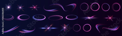 Big set of neon sparks, light trails, fire flashes, highway concepts, speed effects, stars and glare for holiday design.