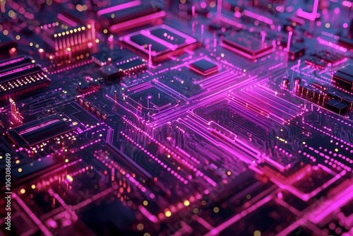 A high-tech neon circuit board with glowing pink and purple lights, showcasing advanced electronic components and microchips in an abstract futuristic design.