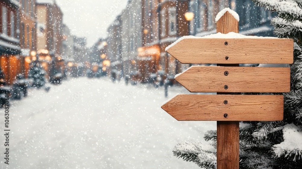 Fototapeta premium Wooden signpost in a snowy street with charming buildings in the background, creating a magical winter atmosphere.