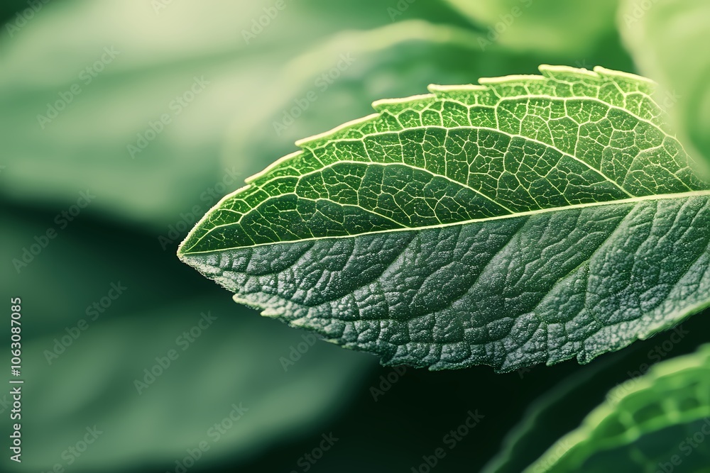 Close-up of a green leaf with visible veins on a blurred background Close-up of a green leaf with visible veins on a blurred background