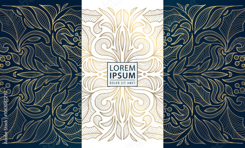 Vector set of art deco gold swirl Christmas cards, holiday elegant winter royal motif. Vintage premium branches, floral decoration illustration