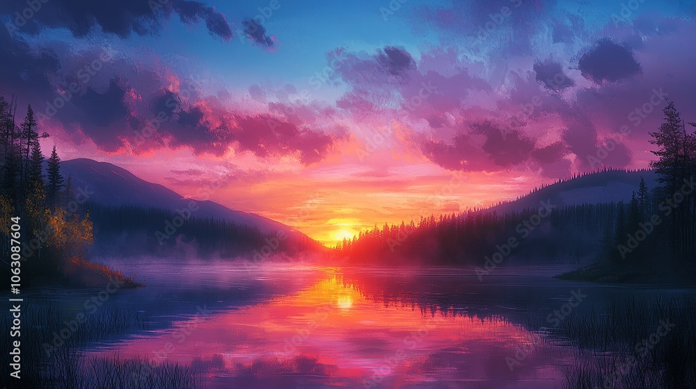 Fototapeta premium A picturesque sunset over a tranquil lake, with vibrant hues of pink and orange reflecting on the water.
