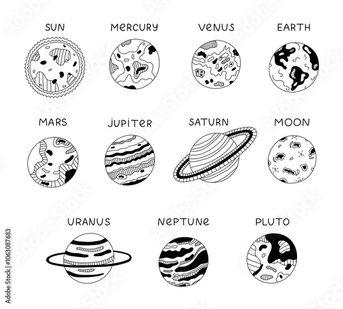 Childish black and white set with planets, stars and satellite of Solar System in sequence. Doodle with hand drawn outline of astronomy celestial bodies for kids infographic, universe placard.