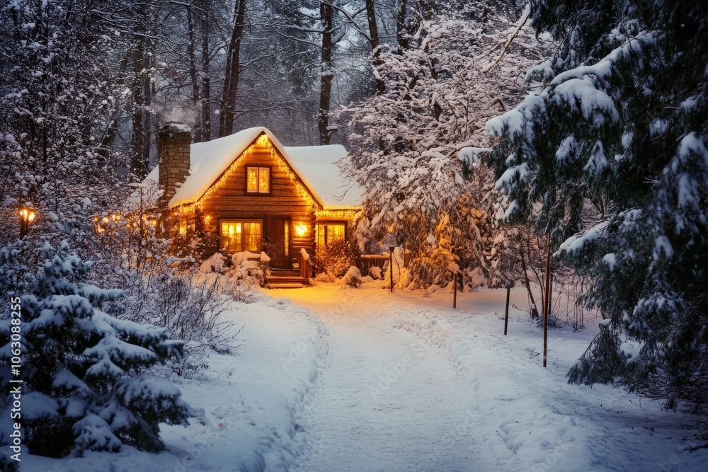 A warmly lit cabin stands proudly amidst a snow-laden forest, its inviting lights reflecting off the surrounding snow, offering warmth and comfort in the wilderness. A warmly lit cabin stands proudly amidst a snow-laden forest, its inviting lights reflecting off the surrounding snow, offering warmth and comfort in the wilderness.