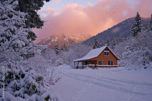 A charming wooden cabin is embraced by a snowy forest as the sun sets, casting a beautiful pink glow on the snow-covered trees and creating an idyllic scene.