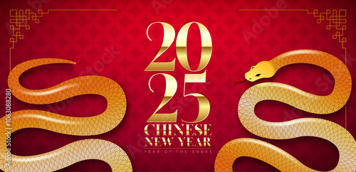 Happy Chinese New Year 2025 Banner with Snake Zodiac Sign and Gold Typography on Red Scaly Pattern Background. Lunar New Year Traditional Design with 3d Snake for Flyer, Greeting Card, Banner
