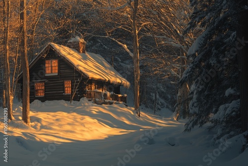 A charming log cabin enveloped in snow, glowing warmly under the sun's rays, amidst a tranquil forest setting, symbolizing peace and comfort in winter. photo