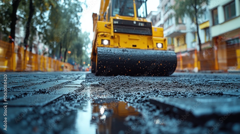 A yellow road roller compacts asphalt pavement on a city street. A yellow road roller compacts asphalt pavement on a city street.