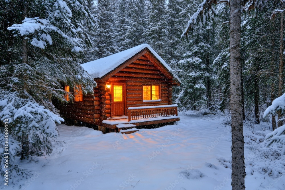 A cozy, snug log cabin sits almost hidden amongst heavy snow and tall trees in a forest, glowing warmly and creating a peaceful winter haven setting. A cozy, snug log cabin sits almost hidden amongst heavy snow and tall trees in a forest, glowing warmly and creating a peaceful winter haven setting.