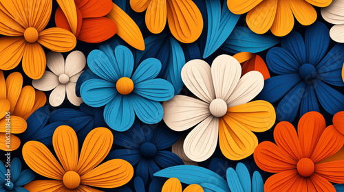 Wallpaper Mural Colorful abstract floral pattern with overlapping paper cut-style flowers in orange, blue, and cream shades against a dark background with curved petal and leaf designs. Torontodigital.ca