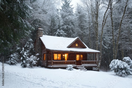 A softly glowing, inviting log cabin rests quietly in the heart of a snowy forest, offering warmth and a tranquil retreat from the surrounding winter world.