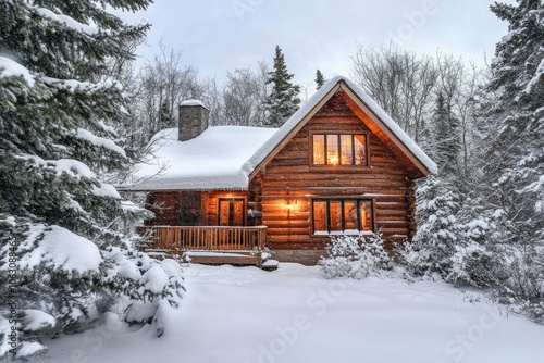 A cozy cabin stands bright and welcoming against the snowy backdrop of a dense forest, its warmly lit interior creating a sanctuary amidst the wintry freeze.