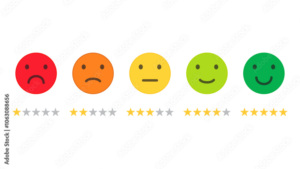 Customer satisfaction rating. Rating emojis and stars set in different colors. Feedback emoticons collection. Flat icon set of rating and feedback emojis icons in various colors. Customer satisfaction rating. Rating emojis and stars set in different colors. Feedback emoticons collection. Flat icon set of rating and feedback emojis icons in various colors.
