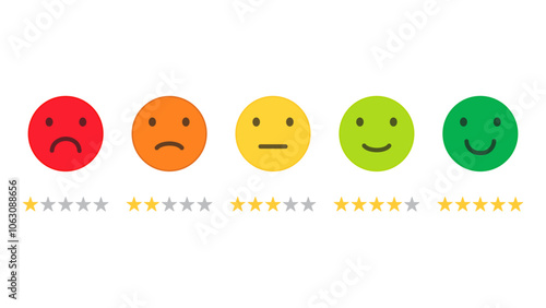 Customer satisfaction rating. Rating emojis and stars set in different colors. Feedback emoticons collection. Flat icon set of rating and feedback emojis icons in various colors.