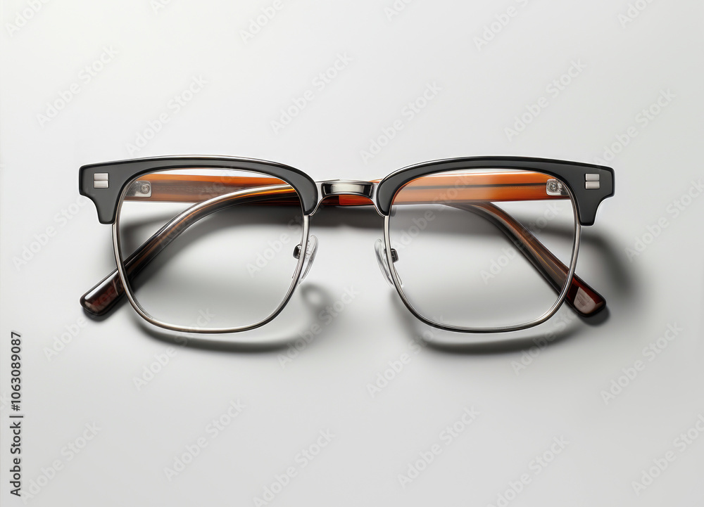 Simple glasses with brown temples and black frame on a white background..