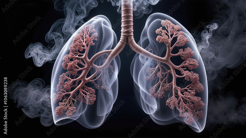 human lungs and bronchial tree, with smoke coming out of the lungs. the concept of the dangers of smoking human lungs and bronchial tree, with smoke coming out of the lungs. the concept of the dangers of smoking