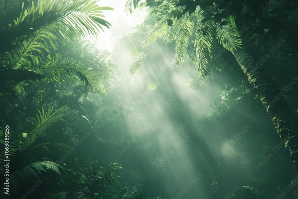 A dense jungle canopy shrouded in mist, with sunlight filtering through the treetops creating a magical atmosphere. A dense jungle canopy shrouded in mist, with sunlight filtering through the treetops creating a magical atmosphere.