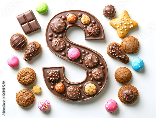 Traditional dutch chocolate latter S and sweet Kids treats for Sinterklaas day on white background. Celebration concept for children party in Saint Nicolas day five december. Top view photo