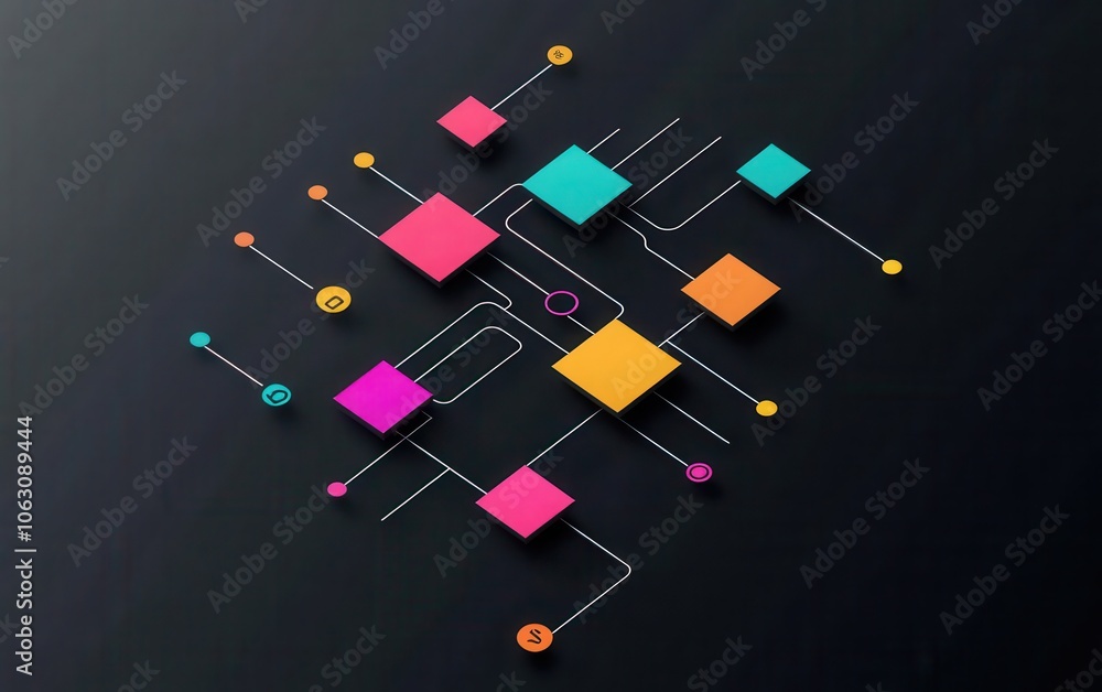 An elegant vector design with a minimalist flowchart represented by basic geometric shapes in vibrant colors An elegant vector design with a minimalist flowchart represented by basic geometric shapes in vibrant colors