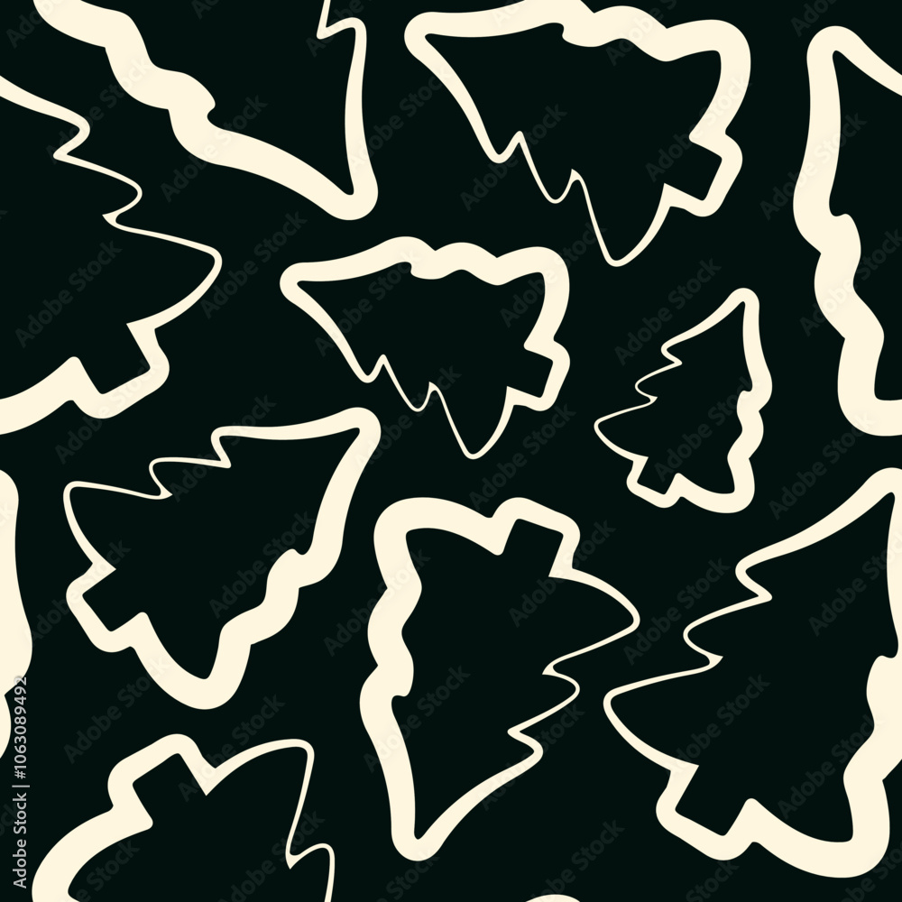 seamless pattern of Christmas tree icons drawn in line art style on a dark green background seamless pattern of Christmas tree icons drawn in line art style on a dark green background