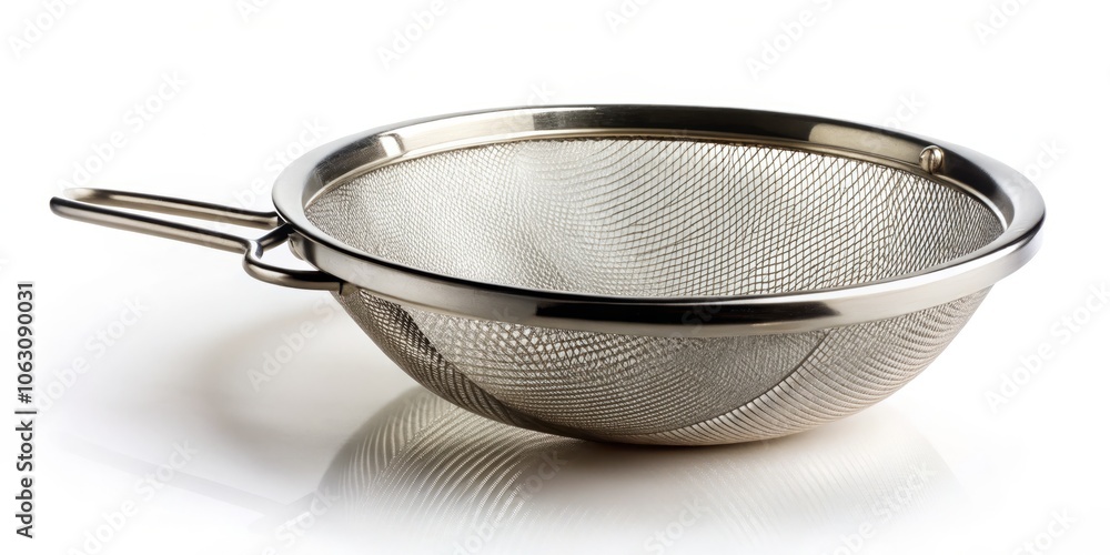 Isolated Metal Sieve on White Background: A Minimalist Cooking Utensil for Culinary Arts and Kitchen Decor, Perfect for Food Preparation Photography and Culinary Concepts