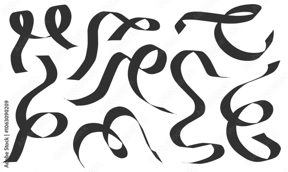Abstract black curvy line set for decoration. Vector illustration. Children doodle line hand drawing. Abstract black curvy line set for decoration. Vector illustration. Children doodle line hand drawing.