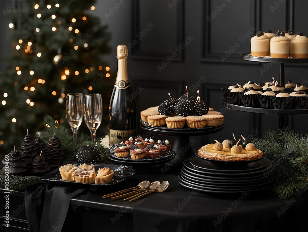 A table set for a festive dinner with champagne and candles A table set for a festive dinner with champagne and candles