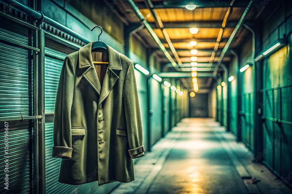 Long Exposure of a Metal Rack with a Green Coat and Cap Hanging in an Empty Hallway, Capturing the Subtle Movement of Light and Shadows in a Serene Atmosphere Long Exposure of a Metal Rack with a Green Coat and Cap Hanging in an Empty Hallway, Capturing the Subtle Movement of Light and Shadows in a Serene Atmosphere