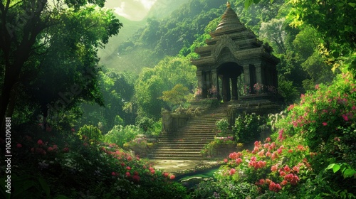 A peaceful temple nestled in a lush forest, surrounded