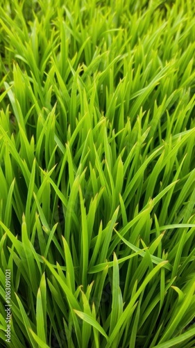 Artificial grass background with soft, lush green fibers for texture, lawn, plastic