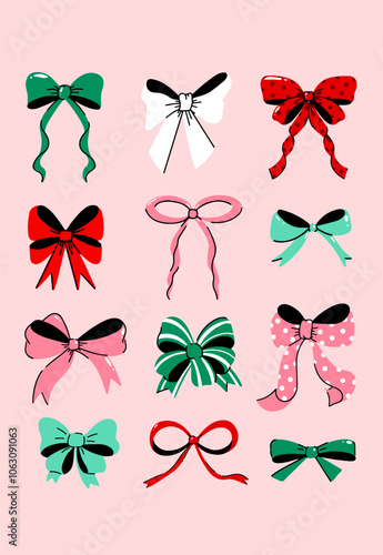 Vector set of Christmas bows in different colors and shapes, isolated on background. Perfect for Christmas decoration design