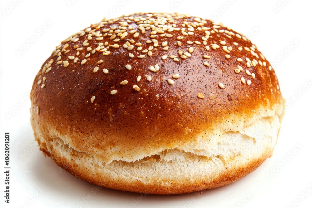A golden-brown sesame seed burger bun, capturing its rich texture and lightly toasted crust, isolated against a white background. Ideal for themes related to food, baking, and gourmet cuisine. A golden-brown sesame seed burger bun, capturing its rich texture and lightly toasted crust, isolated against a white background. Ideal for themes related to food, baking, and gourmet cuisine.
