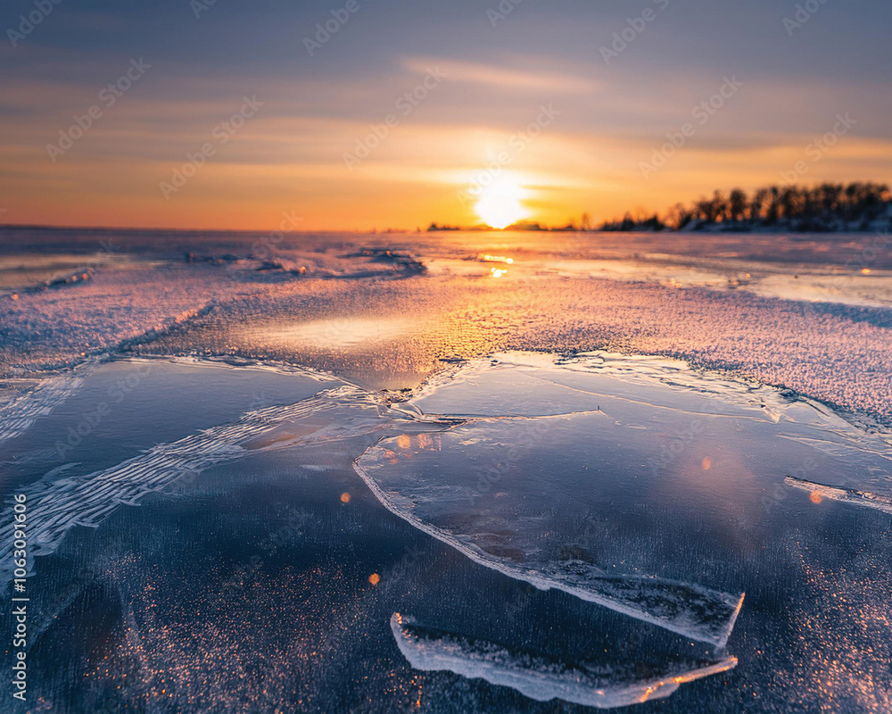 Naklejka premium Winter Sunset, Light Reflecting Off Snow and Ice