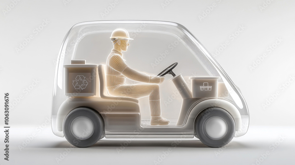 Fototapeta premium Figur als Müllmann fährt einen Recyclingwagen der Müllabfuhr