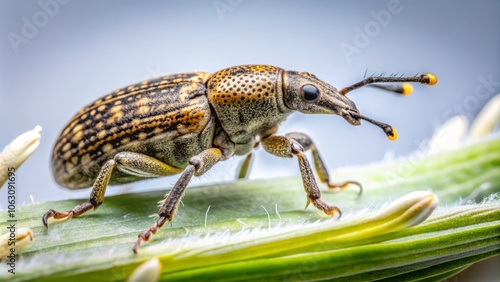 Low Light Photography of Otiorhynchus Apenninus Weevil in a Dutch Garden Setting Against a White Background, Showcasing Detailed Features and Texture of This Unique Insect photo