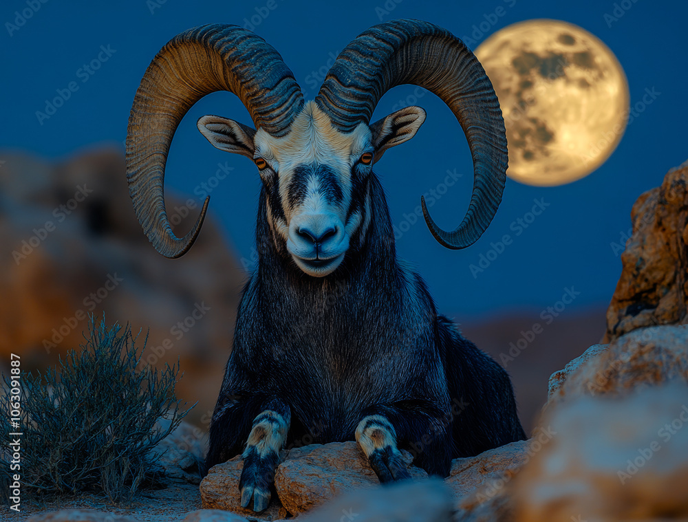 Majestic ram resting under a full moon at night. A serene ram lounges on rocky terrain, illuminated by a full moon glowing in the night sky. Majestic ram resting under a full moon at night. A serene ram lounges on rocky terrain, illuminated by a full moon glowing in the night sky.