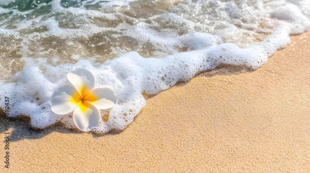 beautiful plumeria flower on sandy beach near sea waves, suitable for vacation theme beautiful plumeria flower on sandy beach near sea waves, suitable for vacation theme