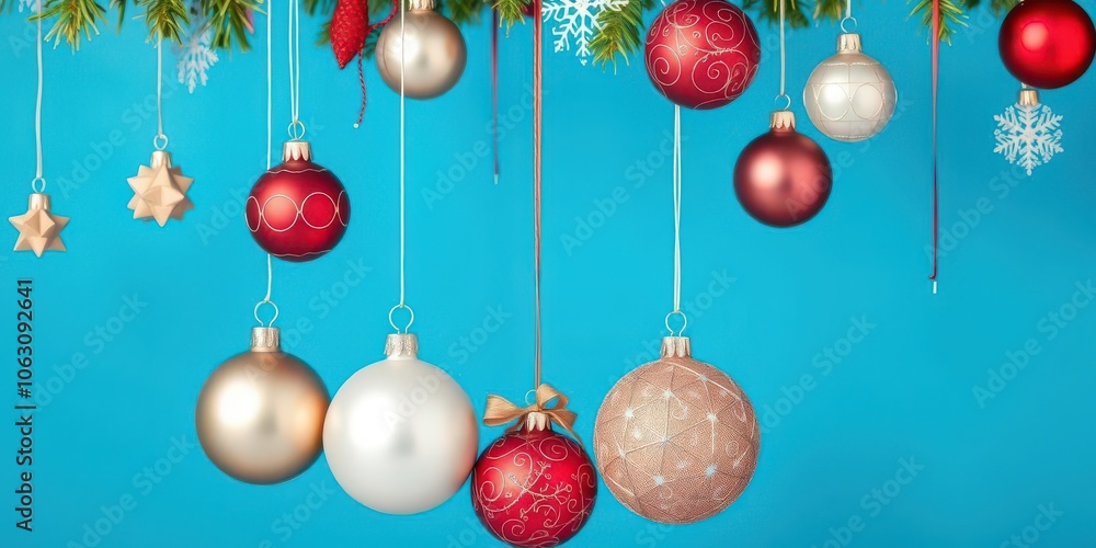 Assorted Christmas ornament elements hanging against blue background, traditional Assorted Christmas ornament elements hanging against blue background, traditional