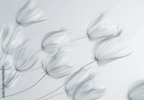 Abstract background with flying dandelion seeds on a white background, in a monochrome, high resolution photographic style, with a minimalist composition, using a macro lens, with soft light, showing  photo