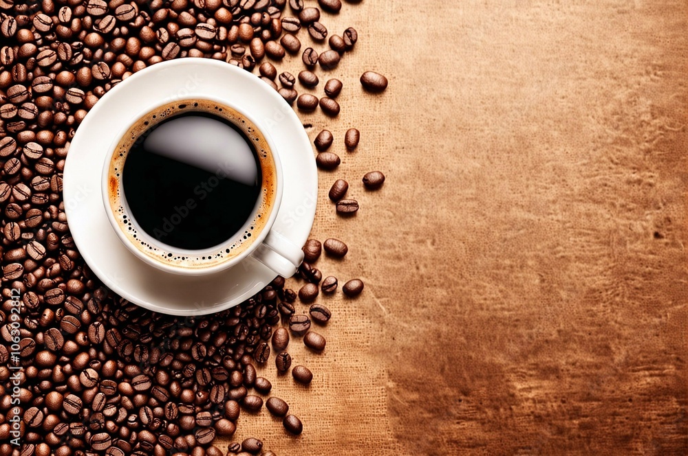 A white coffee cup with a black coffee in it sits on a table with a pile of coff A white coffee cup with a black coffee in it sits on a table with a pile of coff