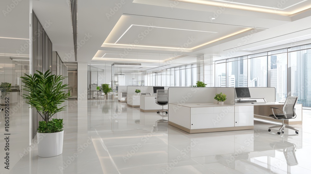 Modern open office with clean white walls, ready for collaboration and creativity to thrive in a vibrant workspace. Modern open office with clean white walls, ready for collaboration and creativity to thrive in a vibrant workspace.