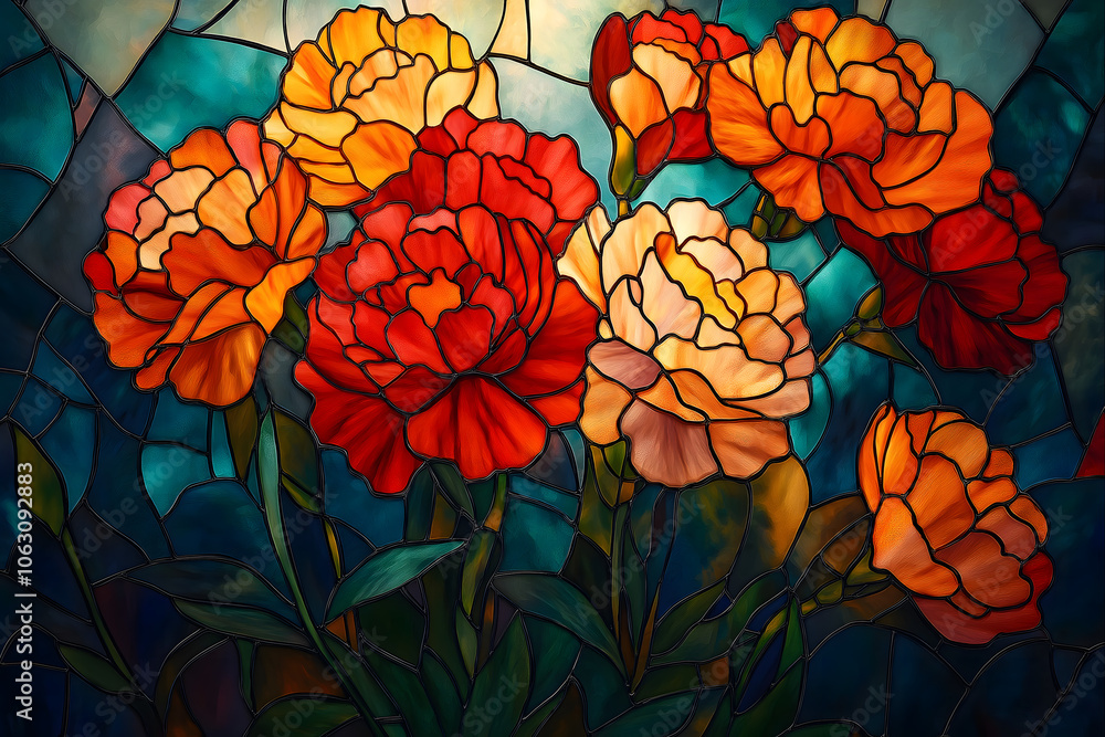 Stained-Glass Art of Carnation Bouquet with Rich Detailing Stained-Glass Art of Carnation Bouquet with Rich Detailing