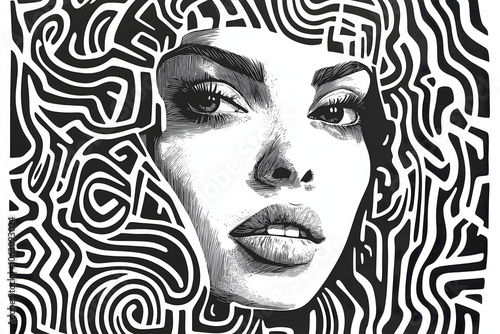 Black-and-White Linocut Illustration of Futuristic Woman