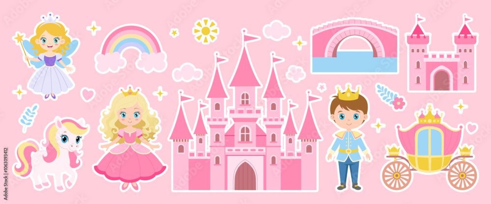 A collection of cartoon characters and a castle. The castle is pink and has a bridge. There is a princess, a knight, and a horse A collection of cartoon characters and a castle. The castle is pink and has a bridge. There is a princess, a knight, and a horse