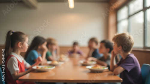 School cafeteria with students eating and talking over lunch, blurred image