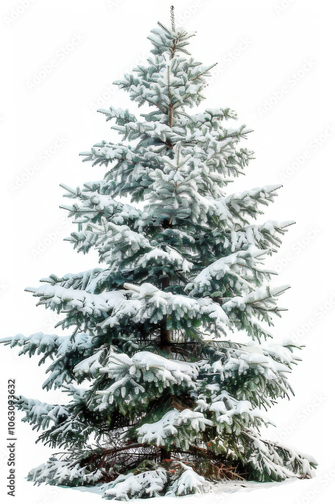 Tall snow-covered Christmas tree isolated on a white background, showcasing dense frosty branches and a serene winter vibe. Tall snow-covered Christmas tree isolated on a white background, showcasing dense frosty branches and a serene winter vibe.
