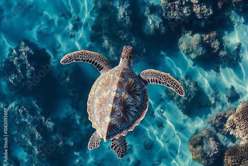 Obraz na płótnie Aerial View of Sea Turtle Swimming Over Coral Reef w salonie