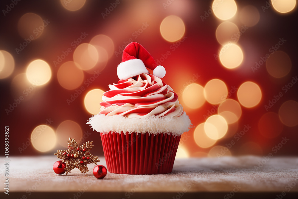 Cupcake festif décoré en style de Noël avec un mini chapeau de Père Noël, ambiance chaleureuse et lumineuse sur fond bokeh Cupcake festif décoré en style de Noël avec un mini chapeau de Père Noël, ambiance chaleureuse et lumineuse sur fond bokeh